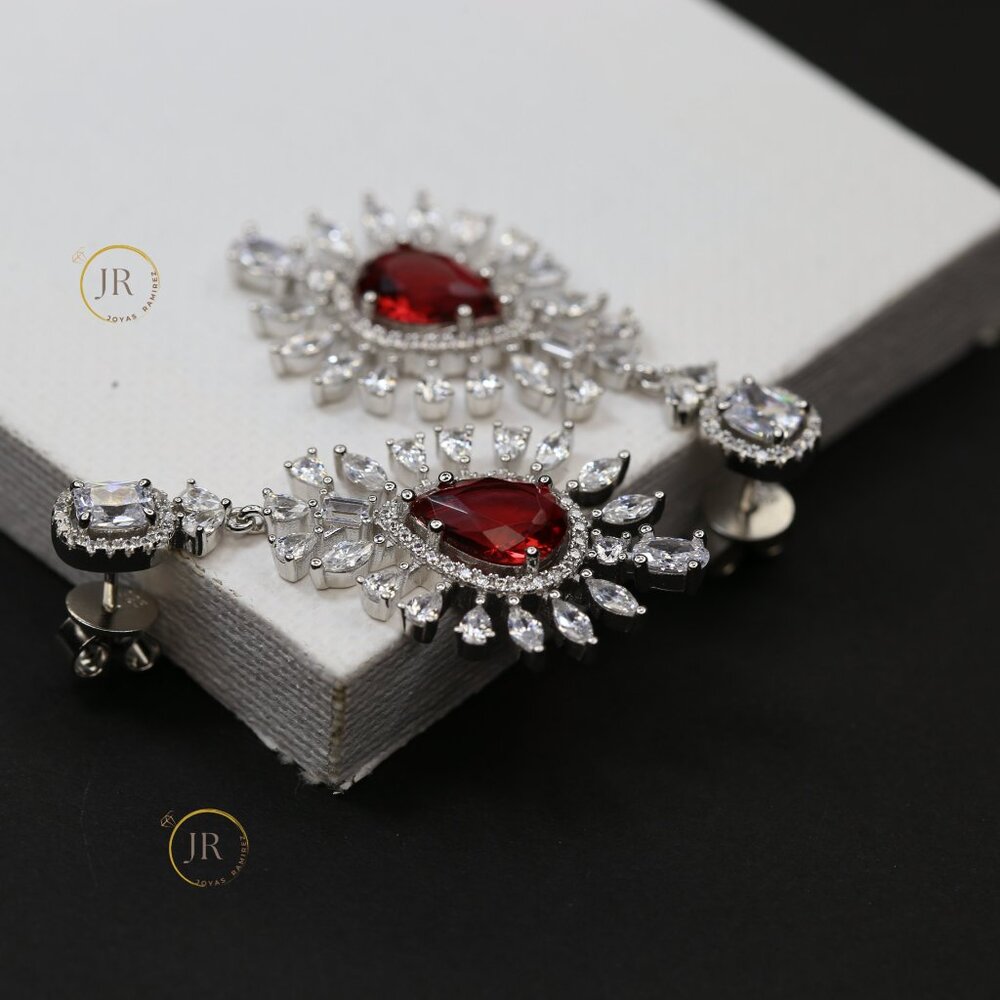 Imperial Blossom .925 Silver Earrings · Ruby CZ · Elegant Floral Design. - Picture 4 of 7
